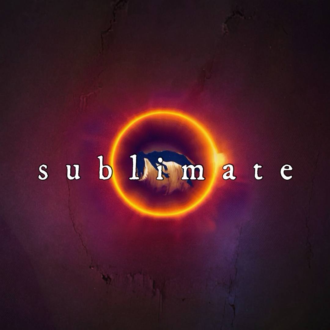 Official cover art for Sublimate, Deep Dream State S4E15 / GE42 by Neural Nets And Pretty Patterns (ISNI 0000 0005 2877 6254). A glowing orange eclipse burns against a dark crimson and violet background as the white lowercase title crosses two silhouetted figures.