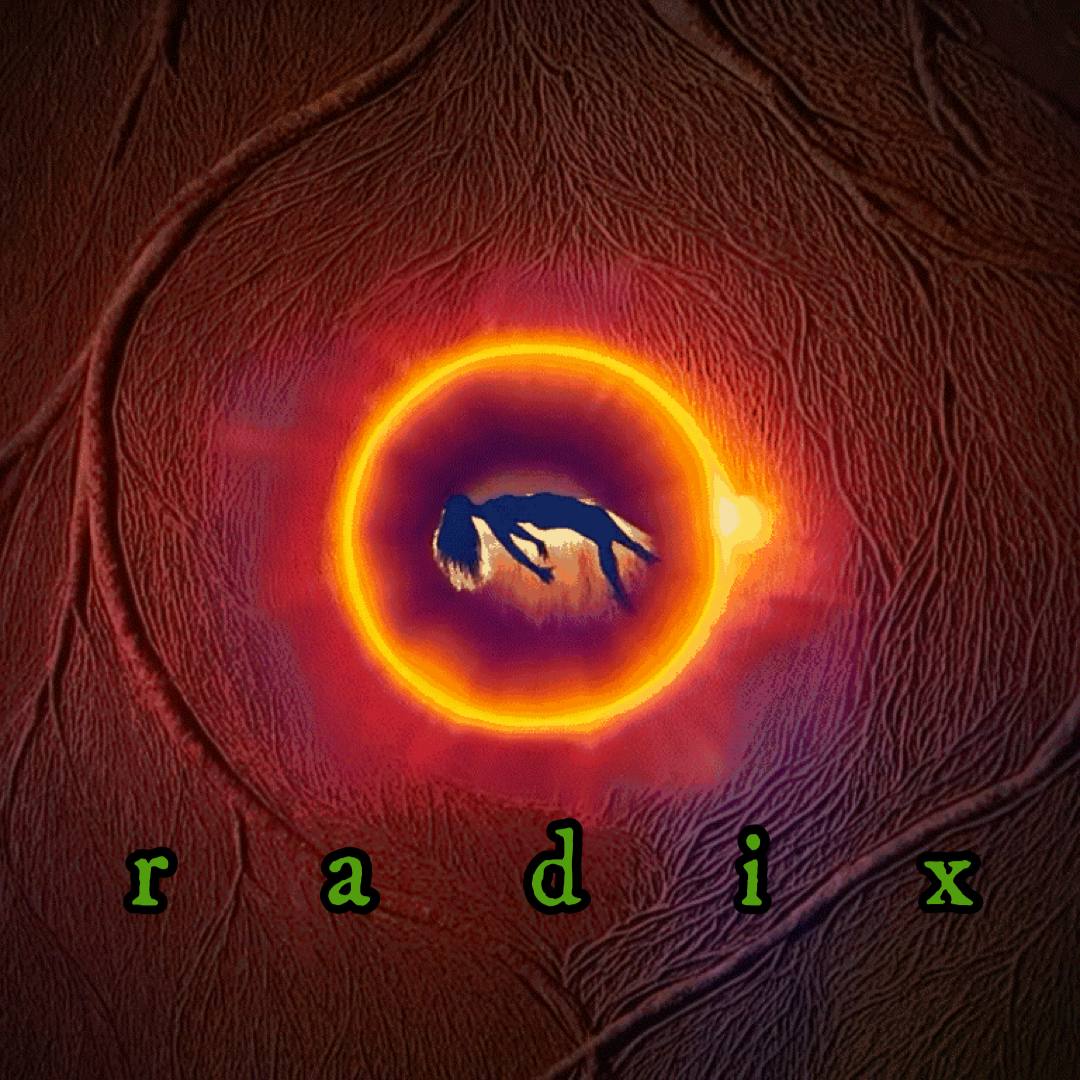 Official cover art for Radix, Deep Dream State S4E16 / GE43 by Neural Nets And Pretty Patterns, ISNI 0000 0005 2877 6254. A glowing orange ring opens within a dark red organic surface, with a silhouetted hand reaching through the center and the letters of RADIX spread across the image.