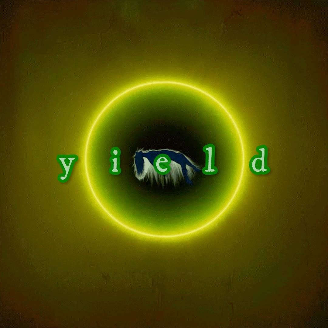 Official cover art for Yield, Deep Dream State S4E17 / GE44 by Neural Nets And Pretty Patterns, ISNI 0000 0005 2877 6254. A glowing yellow-green ring sits on a dark olive textured field with the letters of YIELD spread across the center around an abstract blue-and-white form.